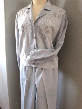 Vintage Philippe Marques 2pc Set Chiffon Sleeve Jacket Gabardine Pants Blue Gray
